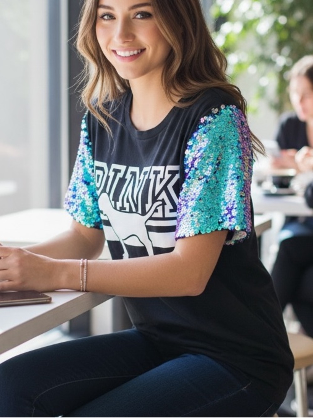 Victoria's Secret PINK Limited Edition Mermaid Flip Sequin Campus Tee Black L